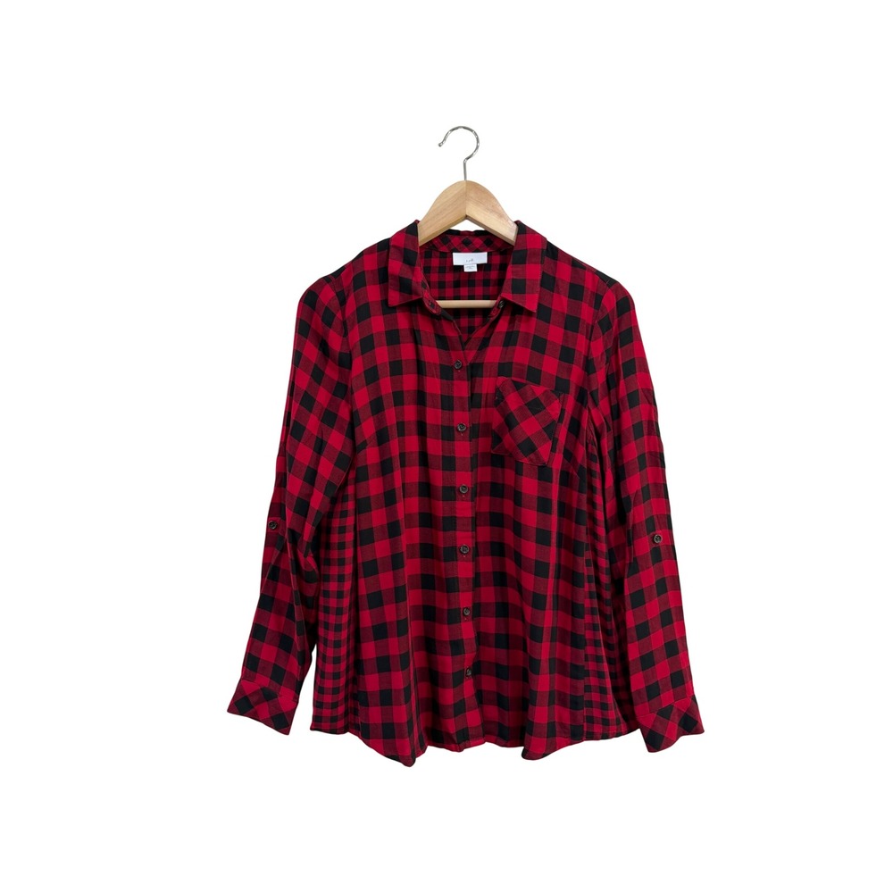 J. Jill Red Black Buffalo Plaid Roll Tab Rayon Button Down Shirt Womens XSP